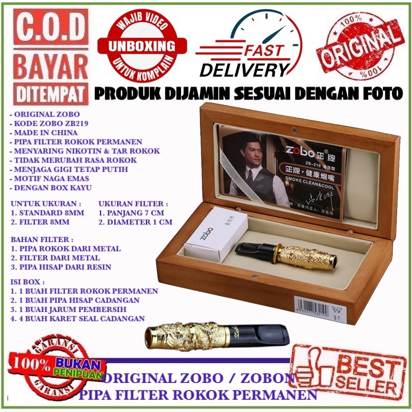 ZOBO ZOBON ZB219 MOTIF NAGA LAPIS EMAS  PIPA FILTER SARINGAN ASAP PERMANEN KHUSUS 8MM SET KOTAK KAYU