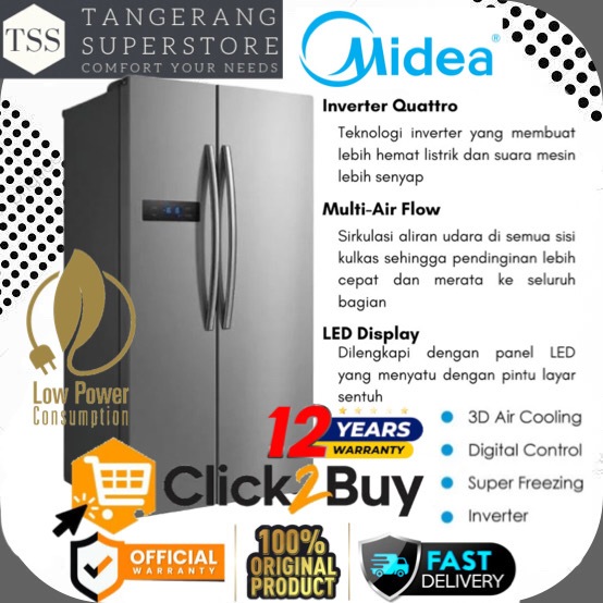 KULKAS MIDEA HC689WE HC-689WE 689WE INVERTER LOW WATT SIDE BY SIDE MIDEA 600L LEMARI ES SUPER COOLIN