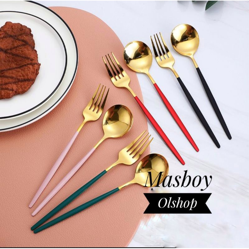Sendok Garpu Makan Stainless TEBAL Premiun Gold Emas Warna