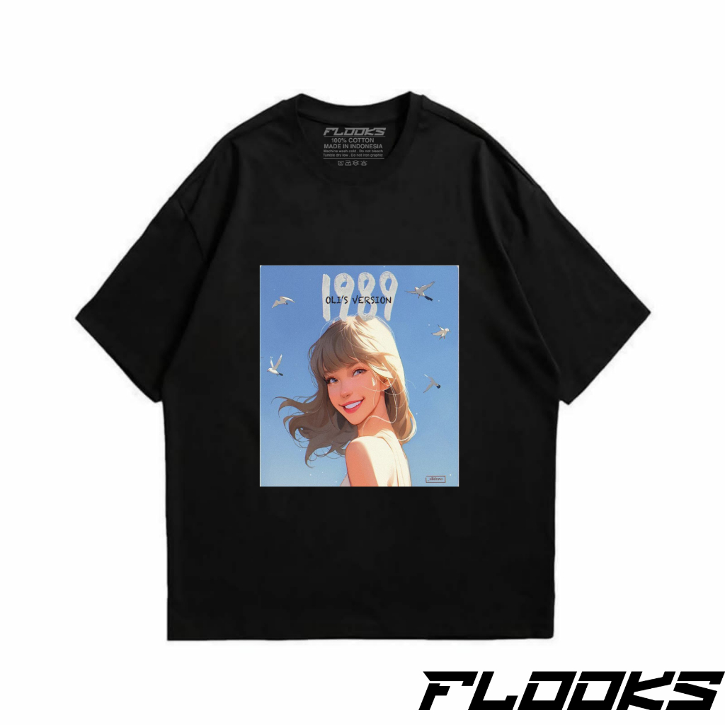 Flooks Tshirt Vintage  Taylort Swift 1989 Animasi Music Kaos lengan pendek Hitam 24s Combed