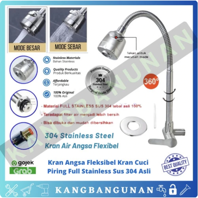 Kran angsa fleksibel Kran cuci piring Full Stainless SUS 304 Asli