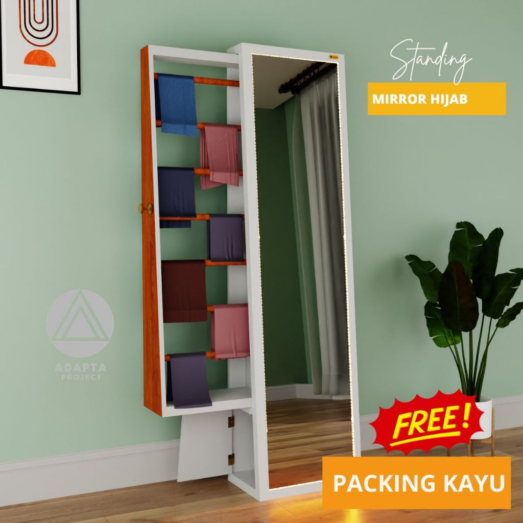 Cermin Berdiri Full Body Minimalis dengan Rak Hijab + Lampu LED-MIRA-A1