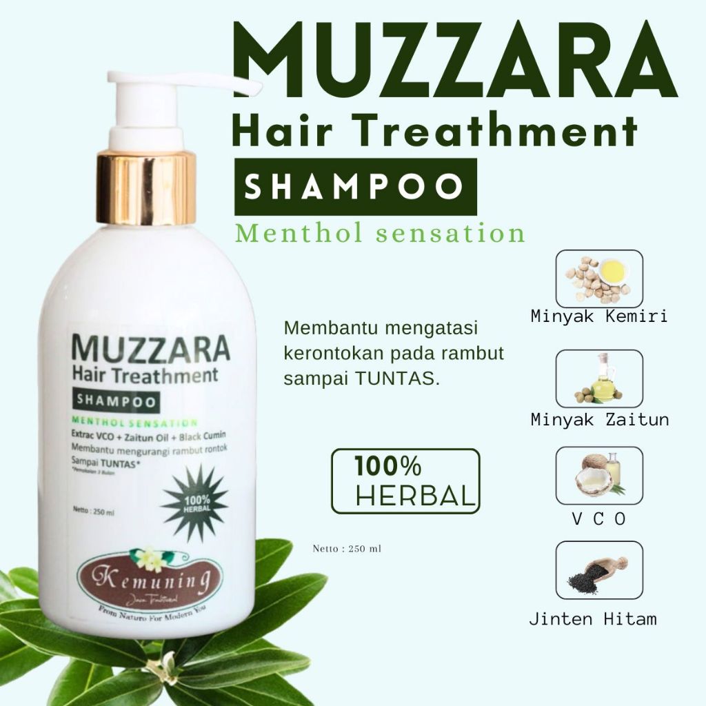 Muzzara Shampo Rambut Rontok (250ml) Anti Hair Loss Herball 99% Minyak Zaitun, Kemiri, VCO Kandungan