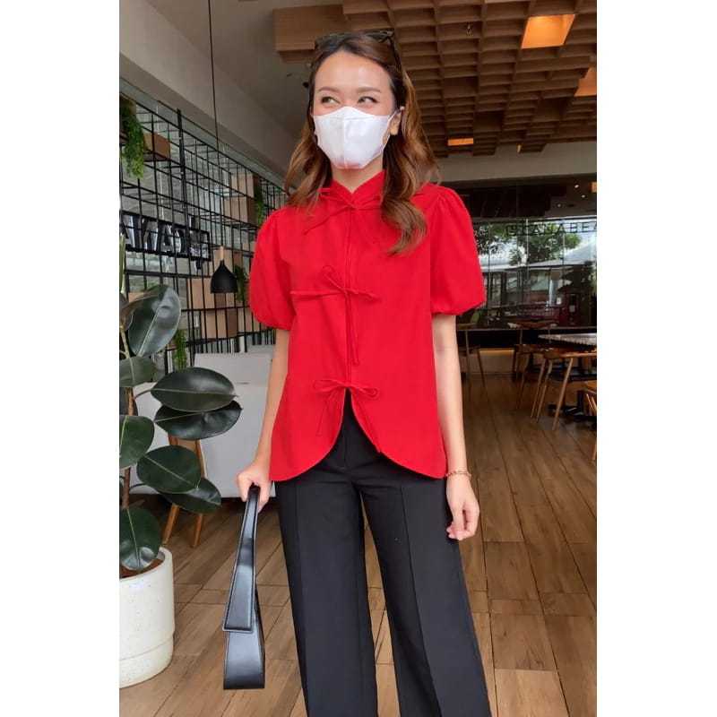MBO ATASAN BLOUSE IMLEK WANITA MERAH PUTIH MAGENTA FEMINIM MEWAH ROYAL COLORA LENGAN PENDEK KEKINIAN