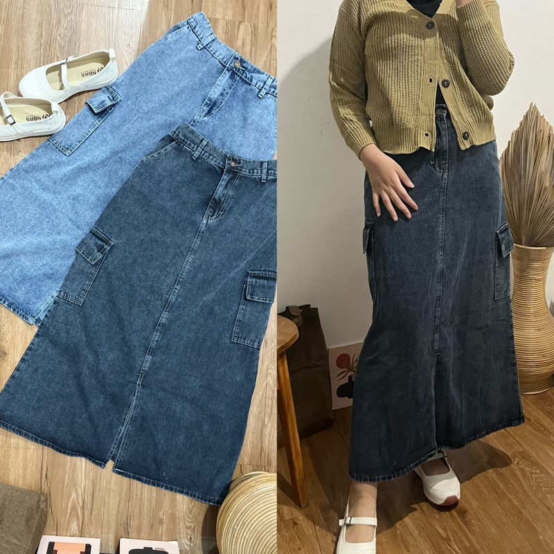 ROK SKIRT CARGO LEVIS DENIM JEANS SPAN KERJA KANTOR