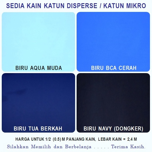 Terl4ris Kain Katun Mikro Warna BIRU AQUA MUDA, BIRU BCA CERAH, BIRU TUA BERKAH dan BIRU NAVY PEKAT 