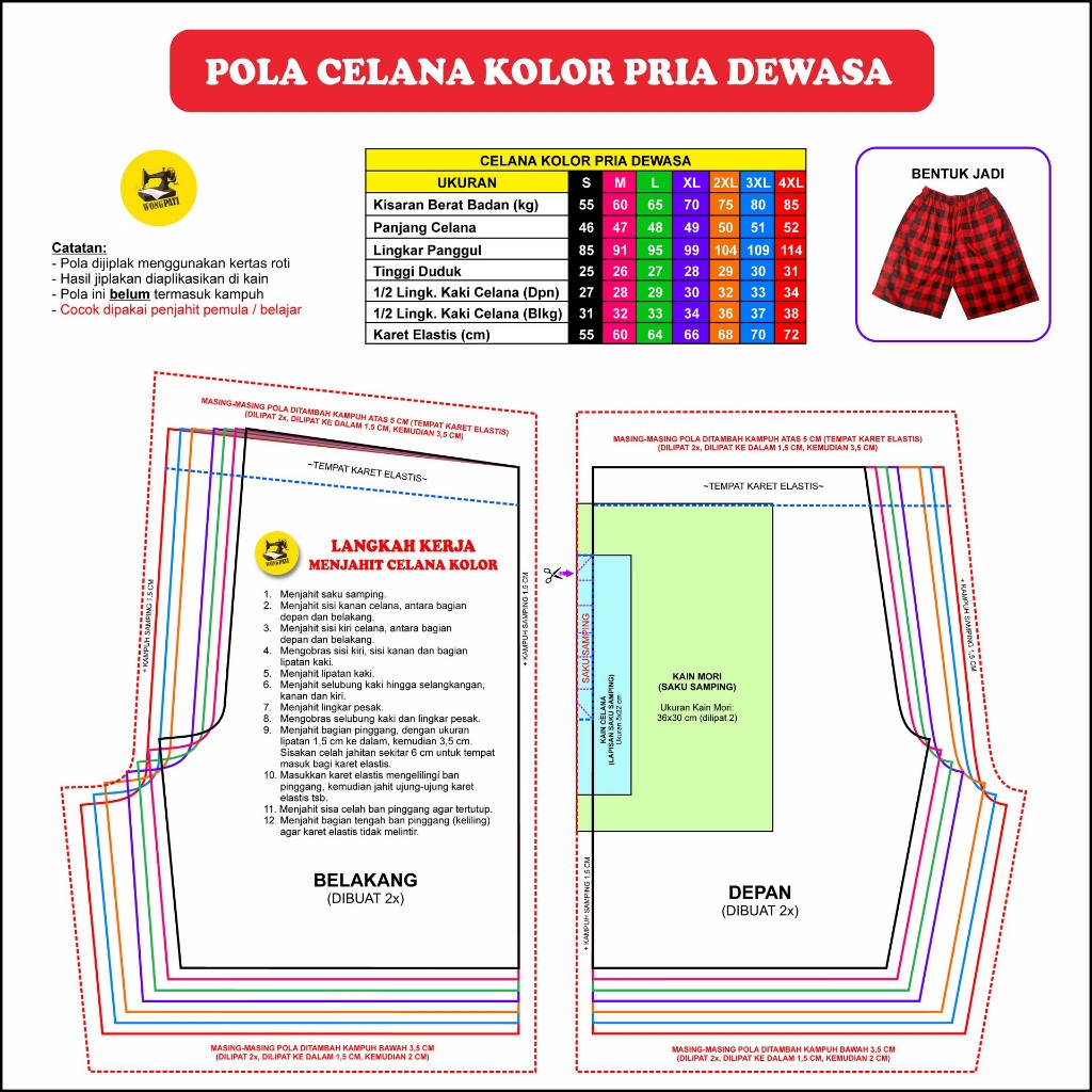 POLA JIPLAK CELANA KOLOR PRIA (PENDEK)