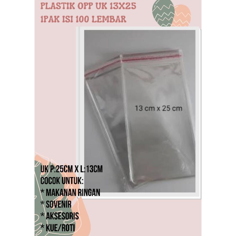 

PLASTIK OPP 13X25 (ISI 100 LEMBAR) / PLASTIK OPP SEAL LEM KEMASAN BENING