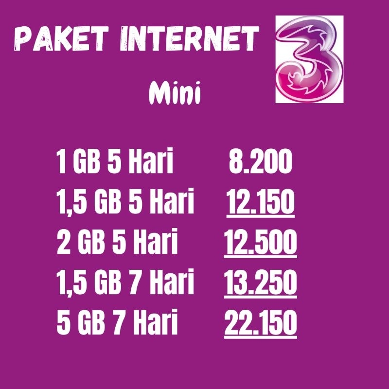 paket internet tri mini 1gb 1,5gb 2gb 5gb /kuota internet tri murah/paket data tri murah/ Naela cell