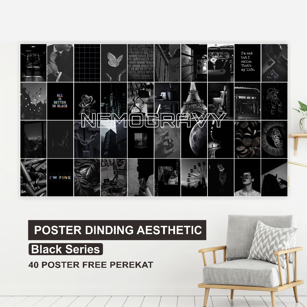 Poster Dinding Kamar Aesthetic Black Series 40 pcs