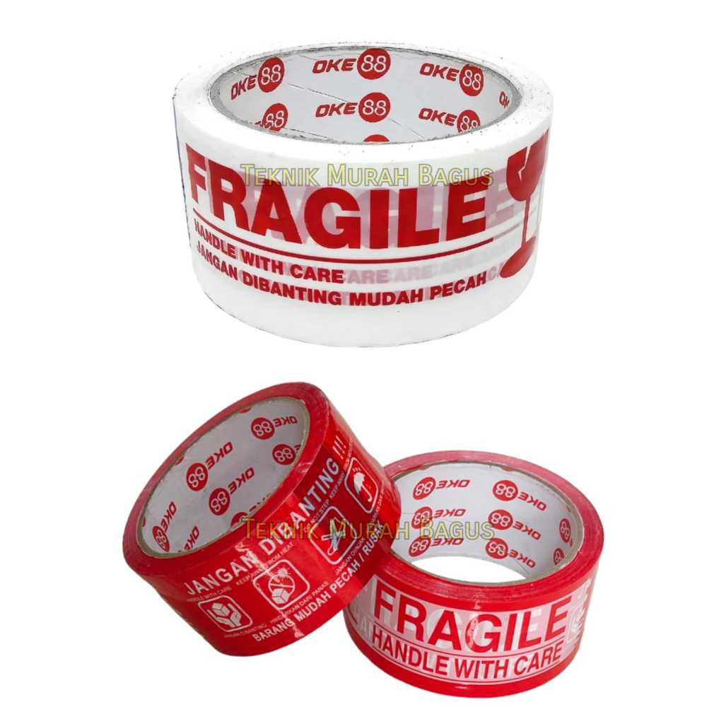 

Lakban Fragile Merah Putih 48.5mm MURAH / Lakban Bening Coklat 90 Yard