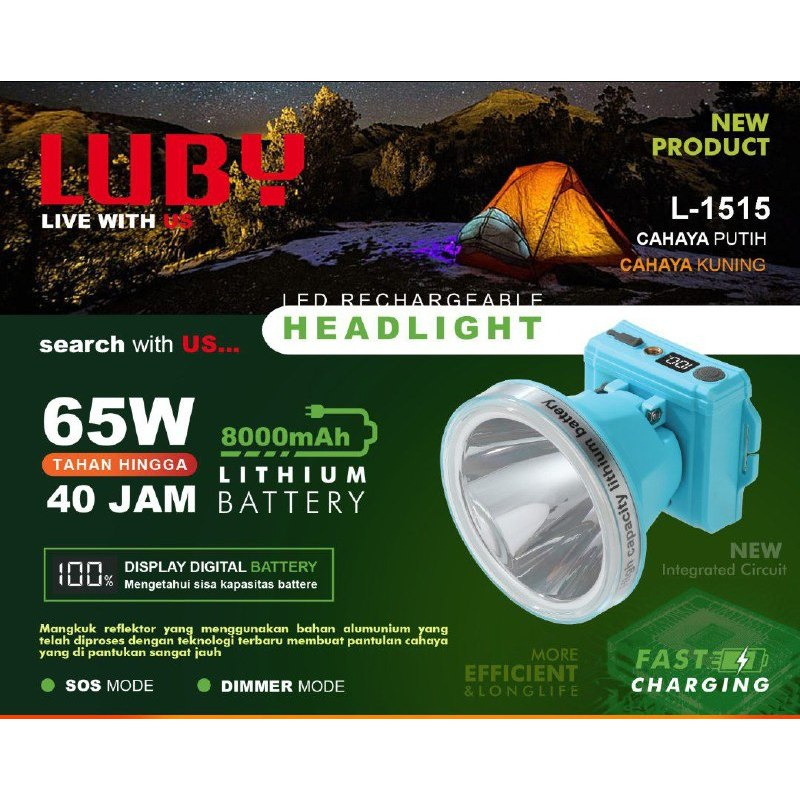 Senter Kepala/ Headlamp Luby  50 Watt / 60 Watt / 65 Watt / 80 Watt Senter Kepala LUBY 50 - 80 Watt