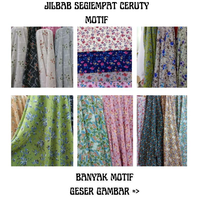 Jilbab segiempat ceruty baby doll motif ukuran 110 cm-150 cm (Banyak motif)