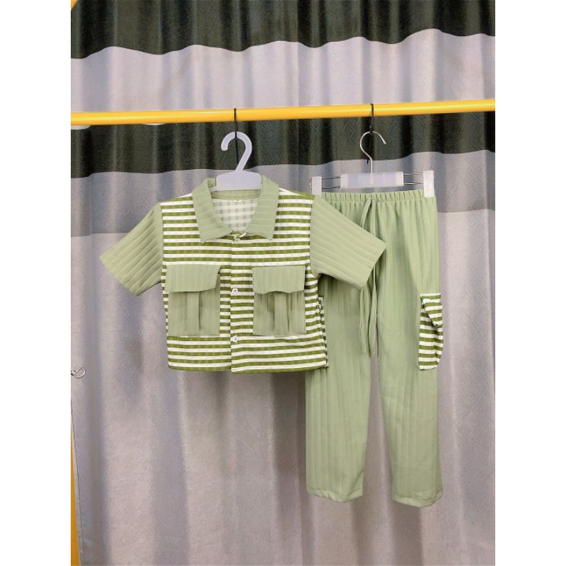 SETELAN ANAK KNIT KEMEJA CROP TOP UNISEX 1-10 TAHUN