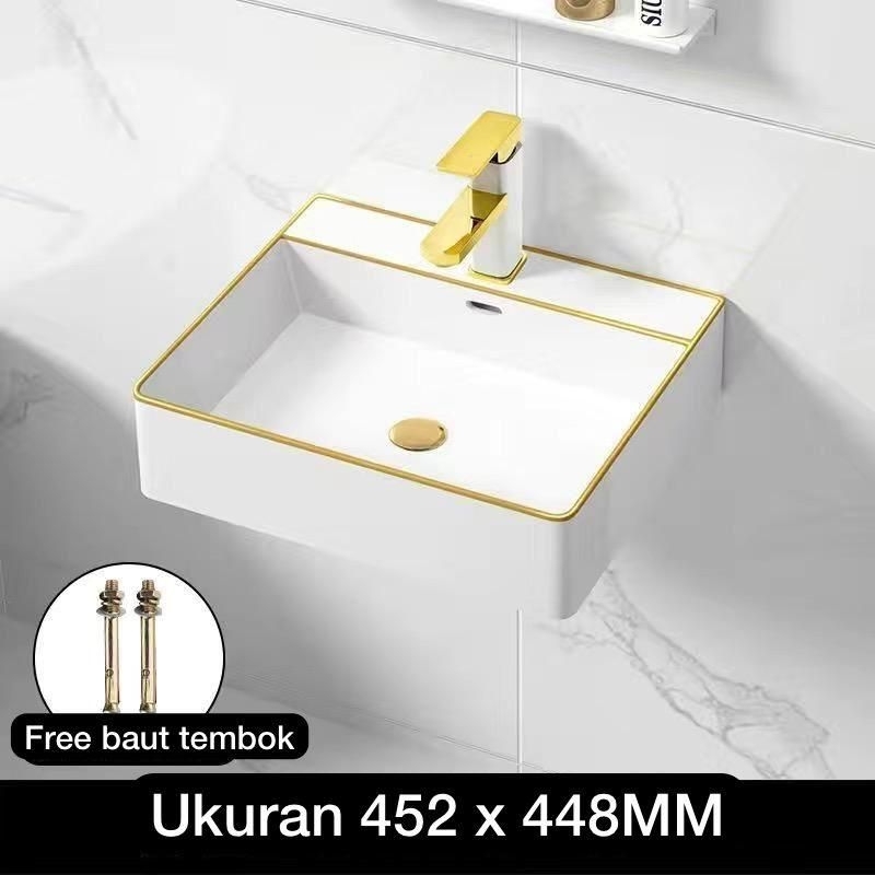 Wastafel Dinding Keramik Marble Kecil Mini Unik Marble putih emas gold Set Kran Wastafel Gantung Was