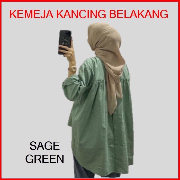 Kemeja Hem Atasan Wanita Kancing Belakang Lengan Panjang L Warna Sage Green 815