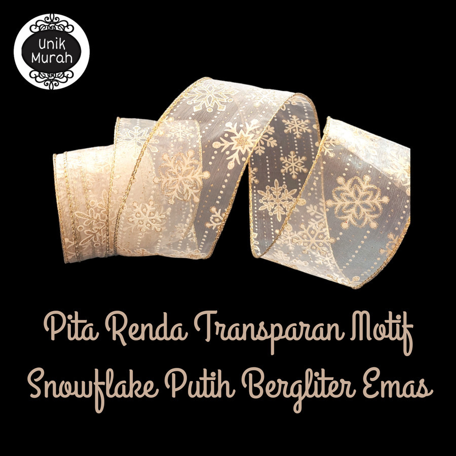 

Pita Renda Transparan Motif Snowflake Putih Berglitter Emas 1's