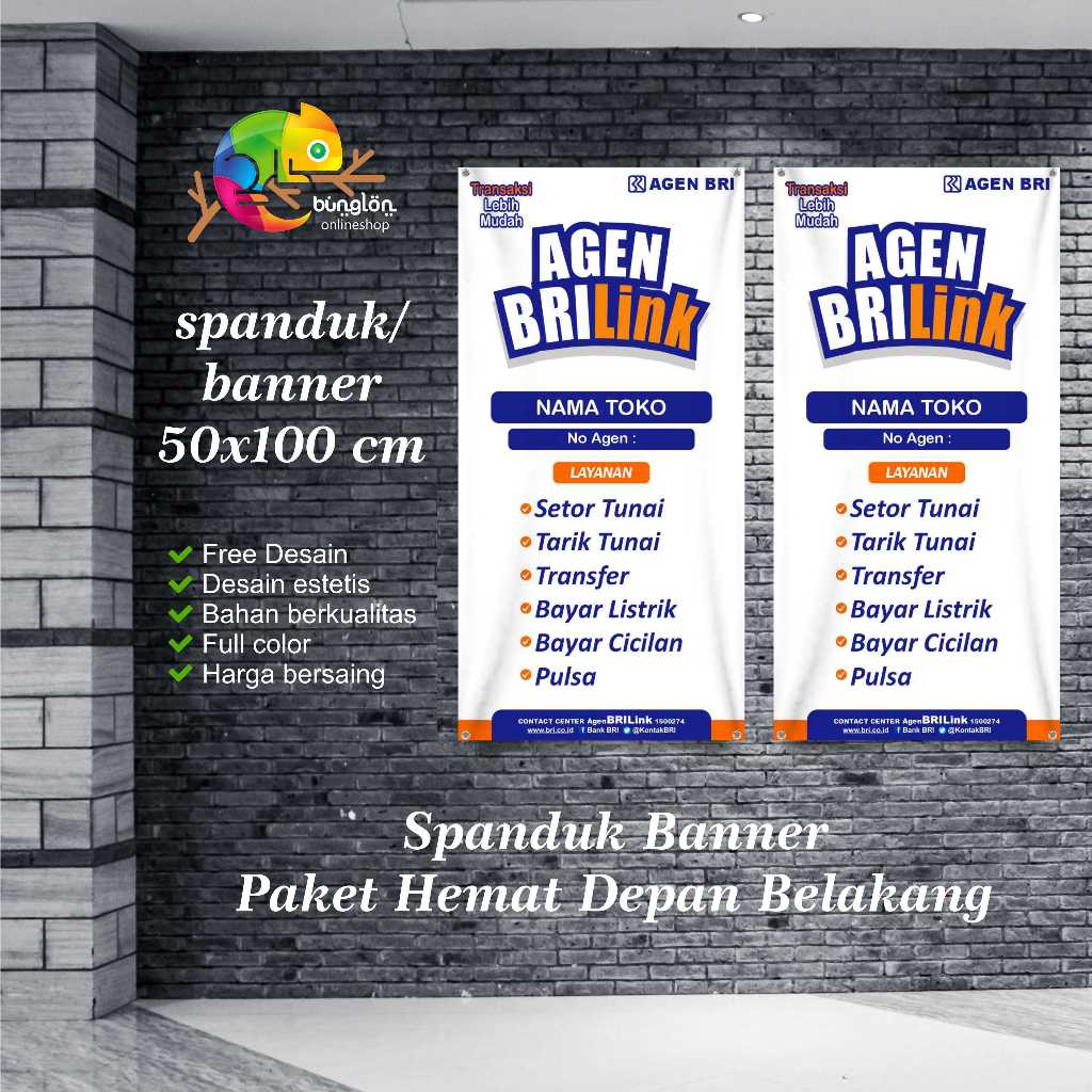 Spanduk Banner 50x100 Paket Depan Belakang Agen BRILink Putih Custom Desain