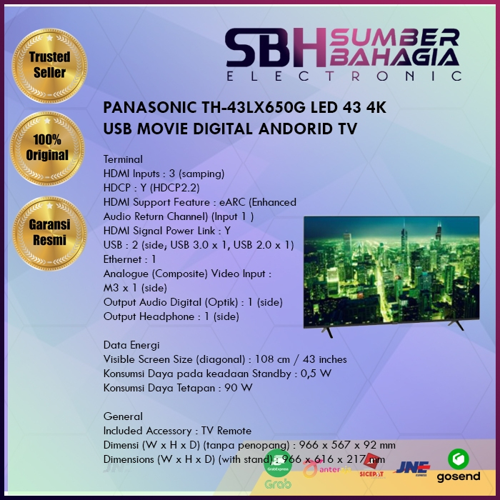 PANASONIC TH-43LX650G LED 43 4K USB MOVIE DIGITAL ANDROID TV (NEW) (KHUSUS BANDUNG)