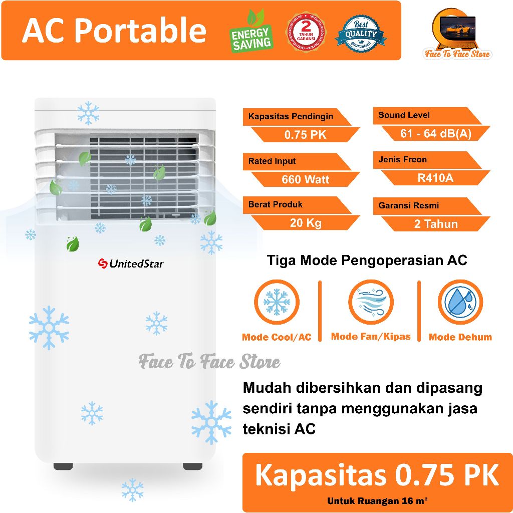 AC Portable Ruangan 3/4PK 0.75PK.Low Watt.UnitedStar.Terbaru.Garansi.Pendinginan Cepat.Ac Mini Porta