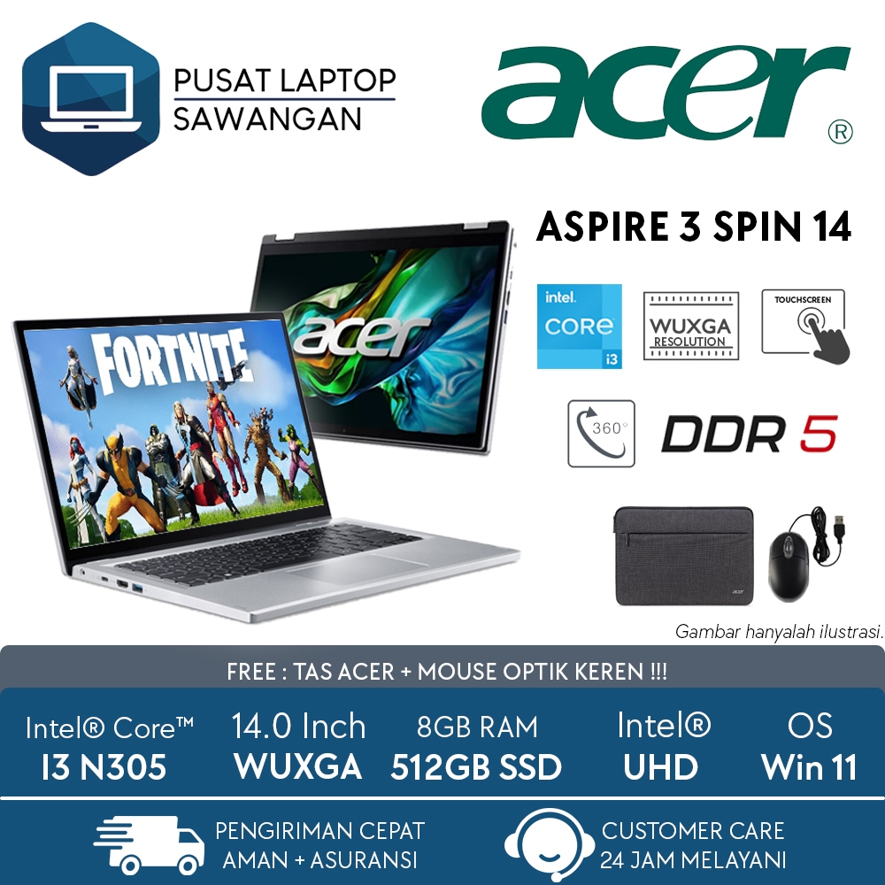 Laptop Touchscreen ACER Aspire 3 Spin 14 Core i3 N305 Terbaru Ram 8GB Ssd 512GB Win 11