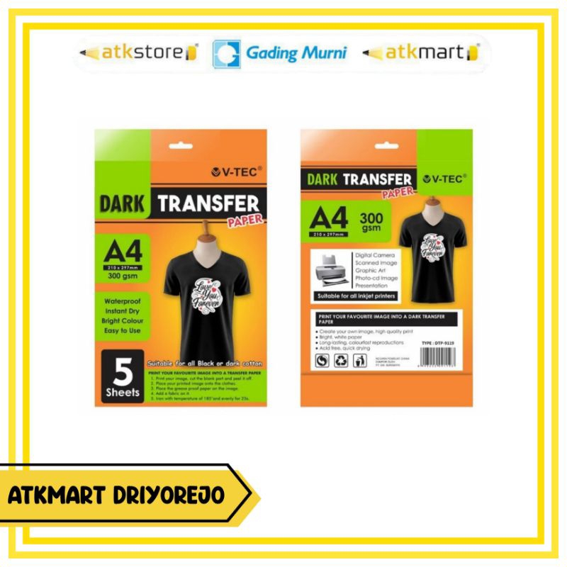 

V-TEC DARK TRANSFER PAPER A4 300gsm - KERTAS TRANSFER - KERTAS SABLON