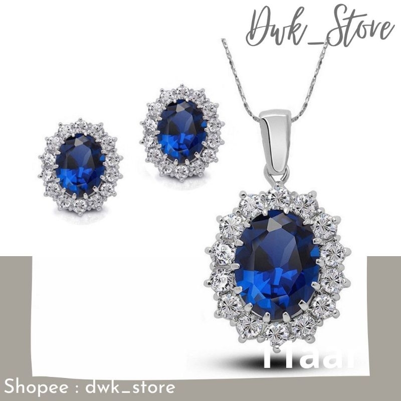 Set Perhiasan Kalung Anting Pesta Batu Saphire Safir / Batu Biru Wanita