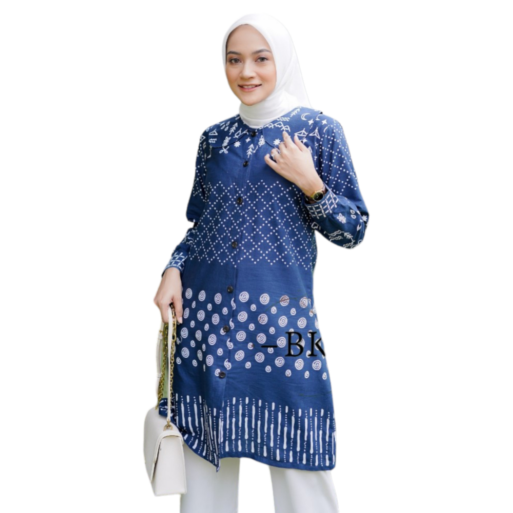 Baju Couple Atasan Kemeja Tunik Batik Motif Polkadot Biru Full Kancing Busui Seragam Kerja Kantor Gu