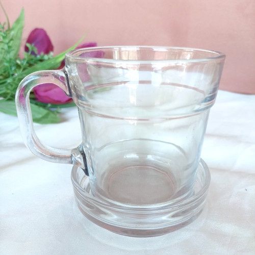 1 Set isi 6 Gelas Kaca Kopi Gagang 300ml Gelas Kaca dan Tatakan Kaca