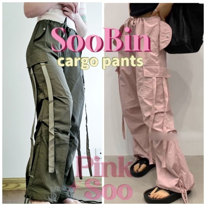 r046 - SooBin pants celana cargo kargo serut tali parasut parachute lucu model kekinian street hipho
