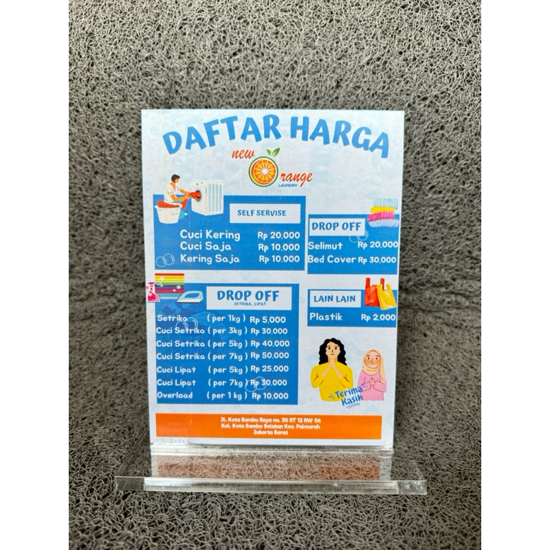 

DAFTAR HARGA TARIF LAUNDRY AKRILIK BAHAN TEBAL 15x20