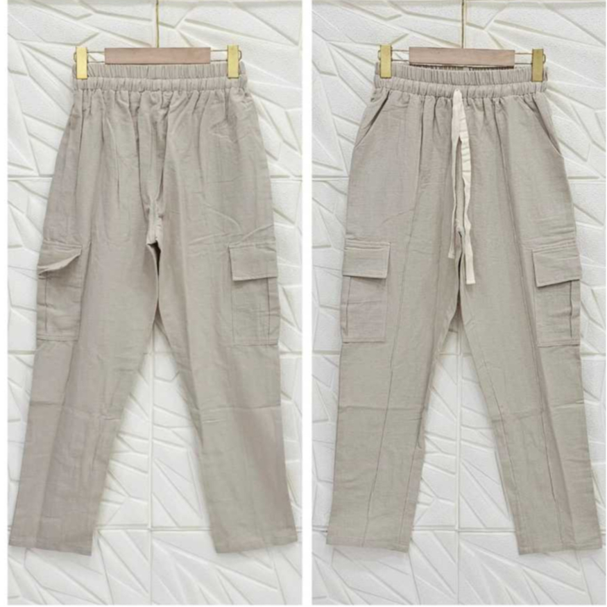 Celana Panjang Wanita Model Cargo Bahan Katun Linen Import Premium