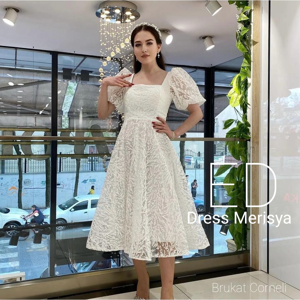 Manda Fashion - Dress Midi Brokat Wanita Cocok Untuk Kondangan Model Lengan Puff Balon Bisa COD
