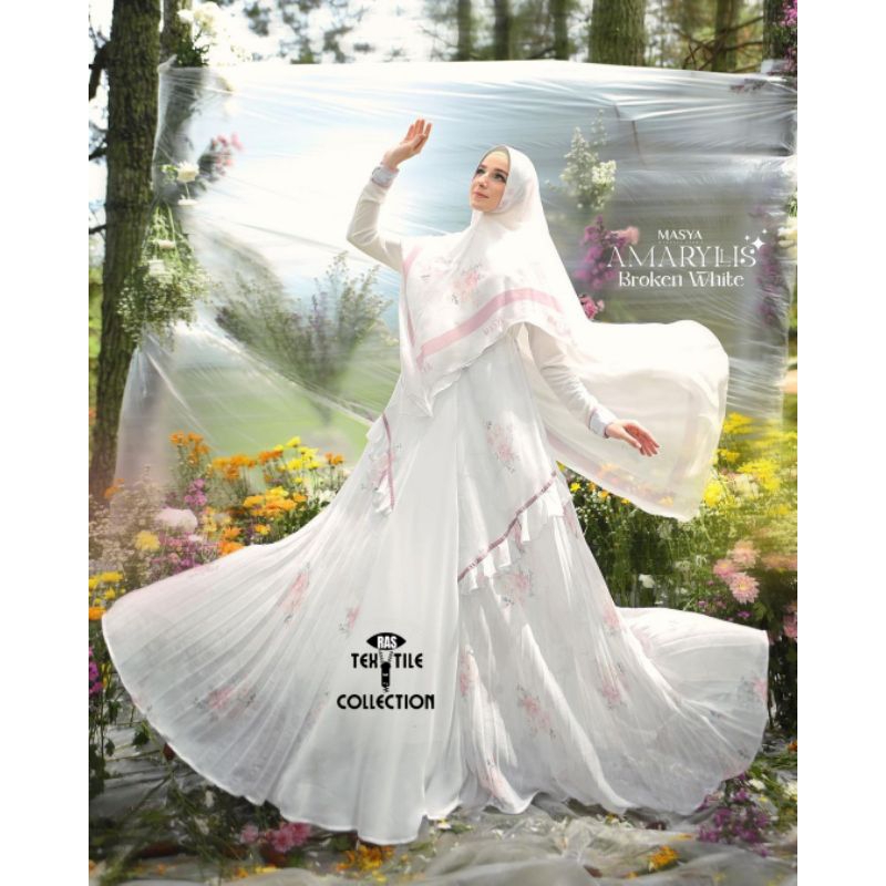 Set Gamis Dress Busui Friendly Ceruty Babydoll Premium Syari Branded Warna Putih Tulang - Broken Whi