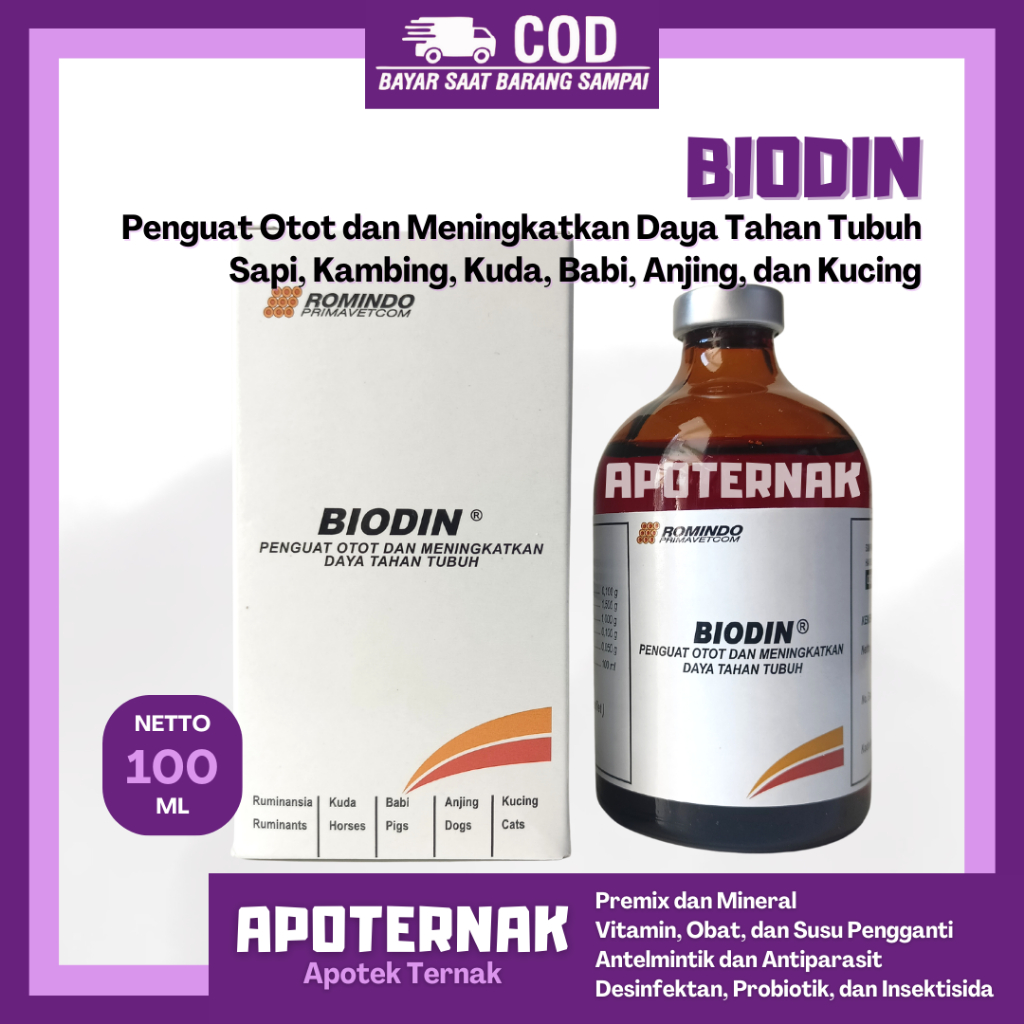 BIODIN Injeksi ATP 100ml - Penguat Otot Stamina dan Daya Tahan Tubuh Hewan Sapi Kambing Kuda Babi Anjing Kucing - Like Biosan Biopros Cardiofit Rheinbio Bioselvita