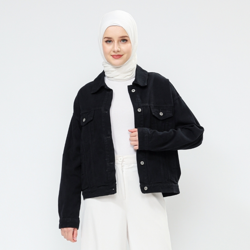 Myself - Jaket Jeans Wanita Hijab Oversize Wanita Hitam Pekat Ascella