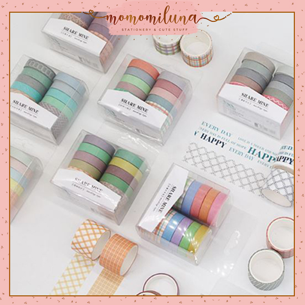 

1 set isi 10 pcs washi tape share mine motif warna warni pastel macaron deco jurnal MK1586