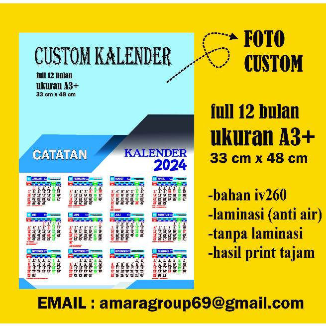 

Cusom Klender 2024 12 bulan FULL Ukuran A3+