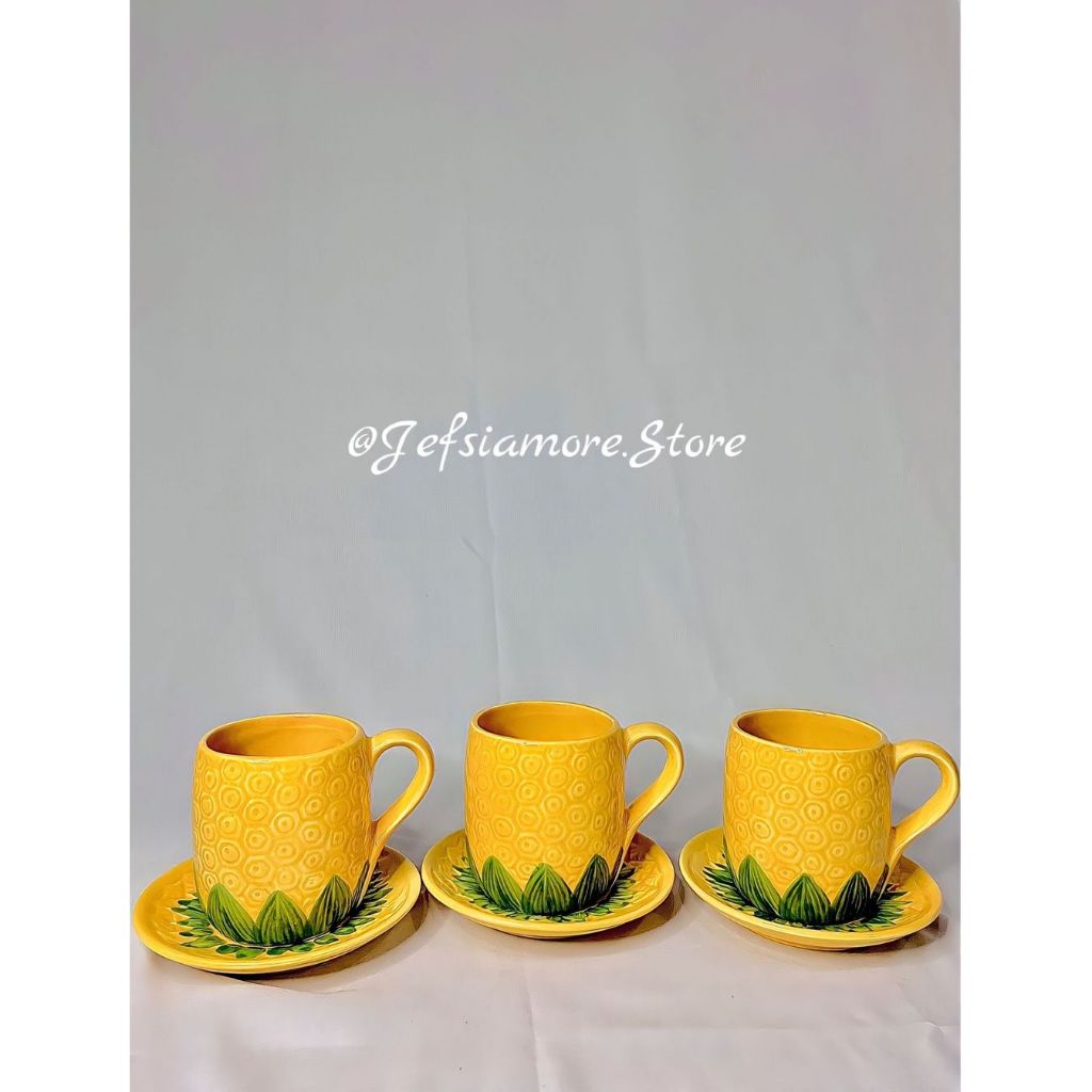 [ READY ] - Cangkir 3 Pasang Motif Nanas Besar Keramik / Kado Unik / Hampers Cantik / Gelas Lucu / C