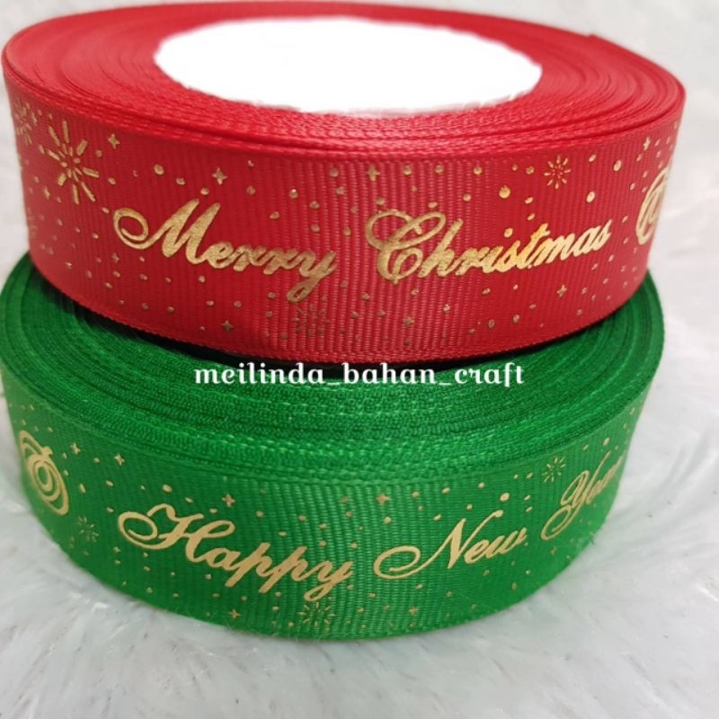 

P32-7Pita Grossgrain Natal sablon emas Pita Hampers kado natal