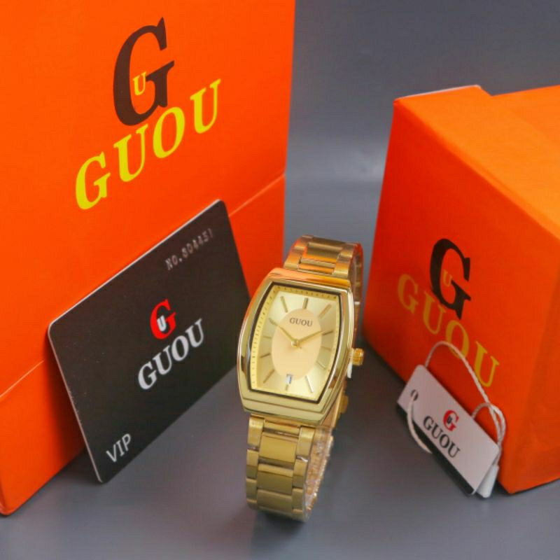 Jam tangan Wanita GUOU Rantai Gold Date aktif Original