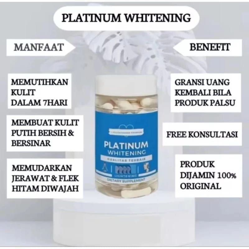 Platinum Whitening Glutathione 30 Kapsul Pemutih Seluruh Badan Dan Wajah L-Glutathione Pemutih Kulit