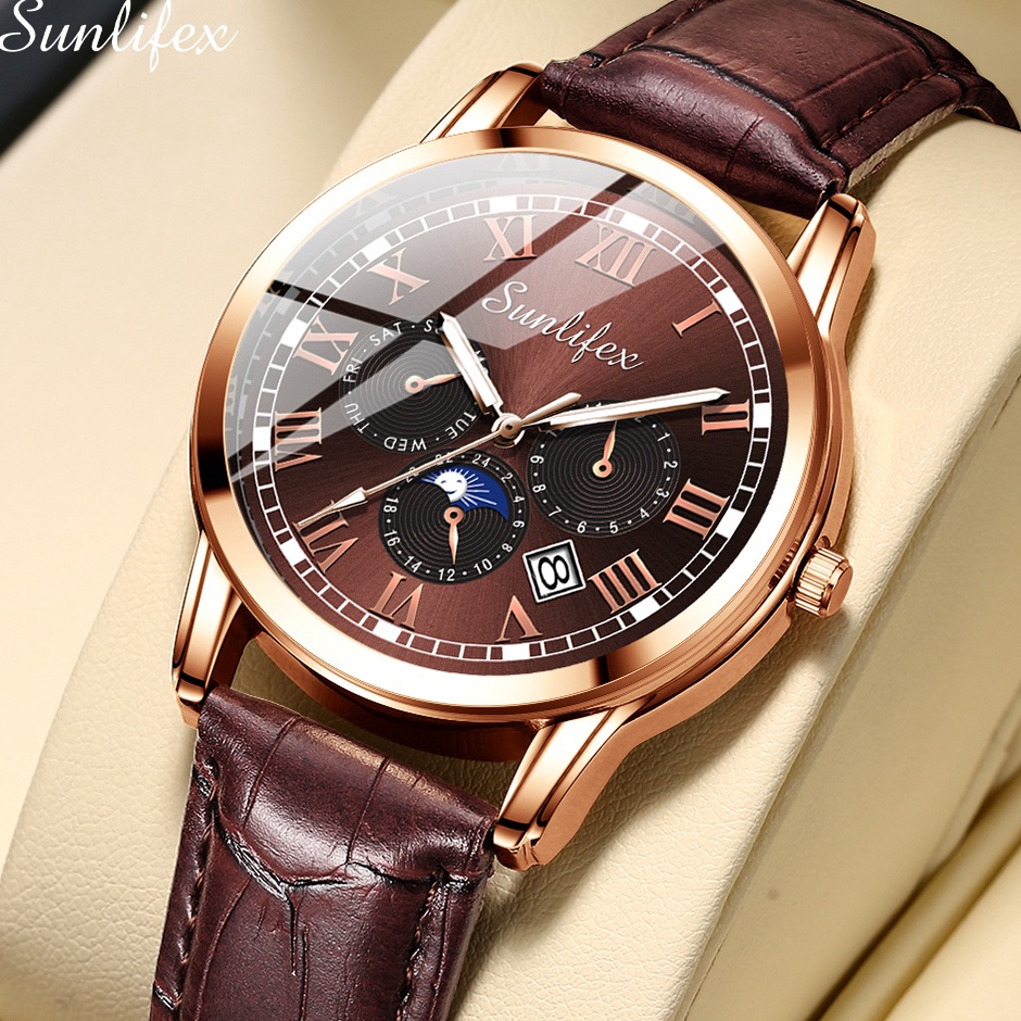 Laris Sunlifex Jam Tangan Pria 7003 Kalender Kuarsa Santai Bisnis Tali Kulit Jam Tangan Cowok