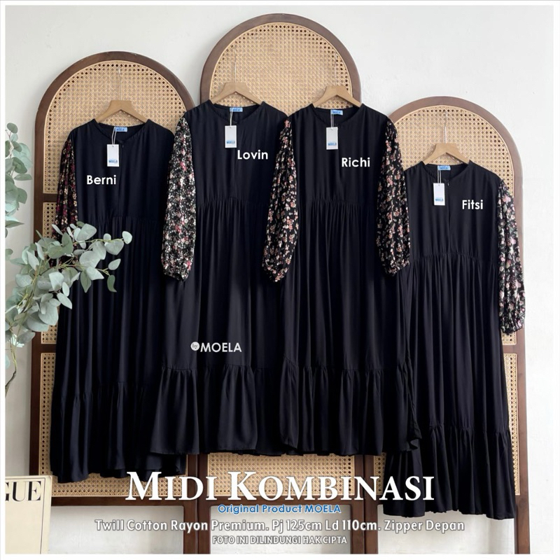 Fitsi Midi Dress by Moela - midi dress black rayon polos twill hitam kombinasi motif busui