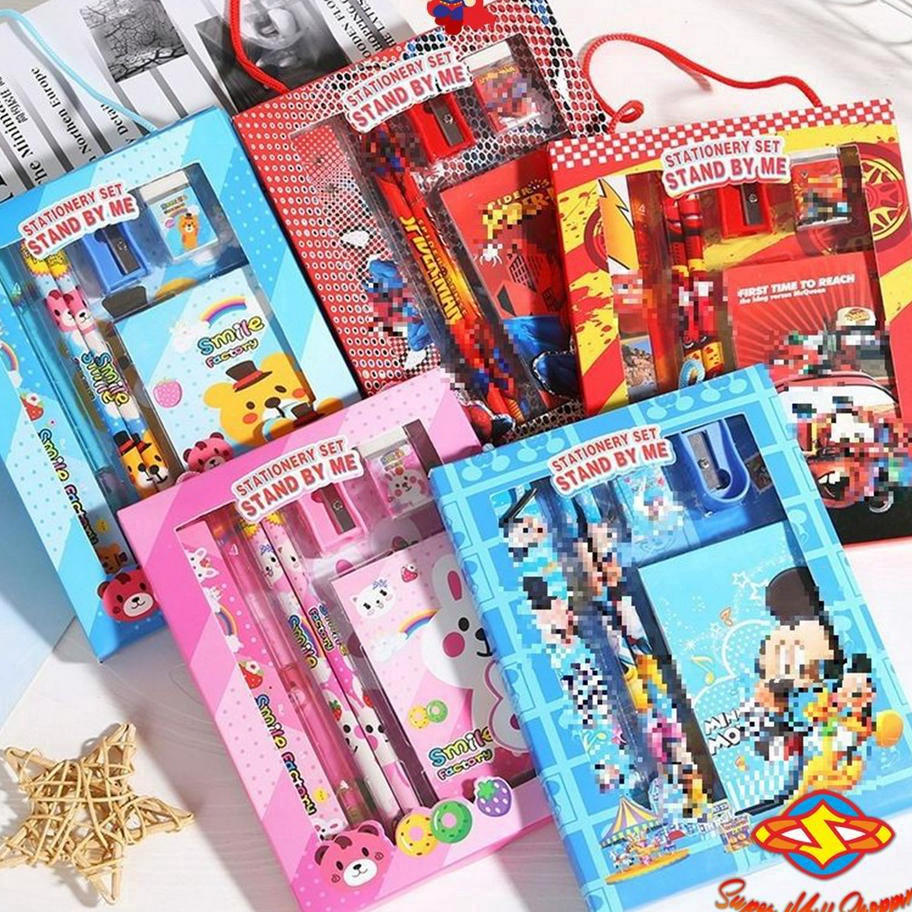 

Ready SMS Alat Tulis Set 6IN1 Stationery Set Lucu Karakter 6 IN 1 Set Perlengkapan Pensil Penggaris Buku Penghapus Sekolah Anak-Anak TK Box Tali Sourvenir Ulang Tahun Murah Import