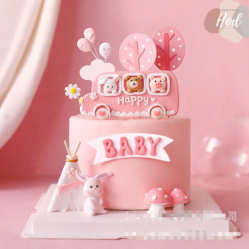 Topper Animal Bus Clay Bunny Bear Pig Rabbit Tema Binatang Pink Cute Animal Cake Decoration Hiasan K