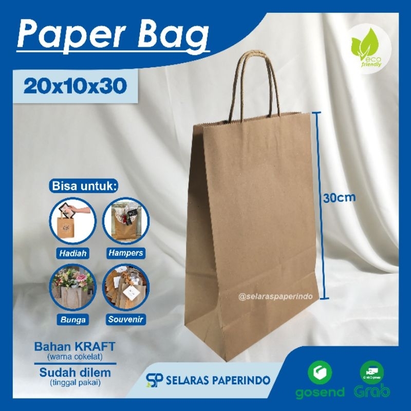 

ISI 10pcs | Paperbag dengan tali polos kraft wadah kado gift bridesmaid bungkus makanan pakaian ecofriendly paperbag 20x10x30cm