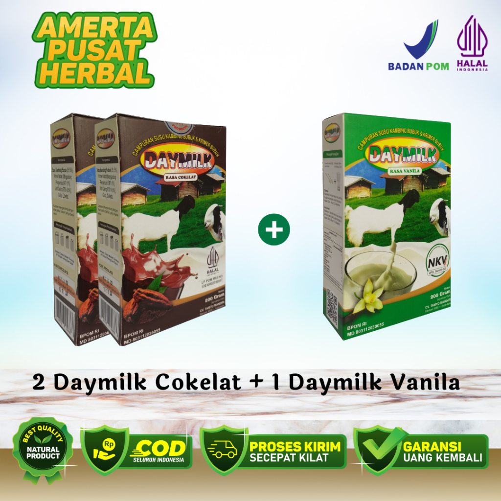 

Paket 3 Box Susu Daymilk - 2 Daymilk Rasa Cokelat + 1 Daymilk Vanila - Susu Kambing Etawa Bubuk Premium - 200gr Halal BPOM