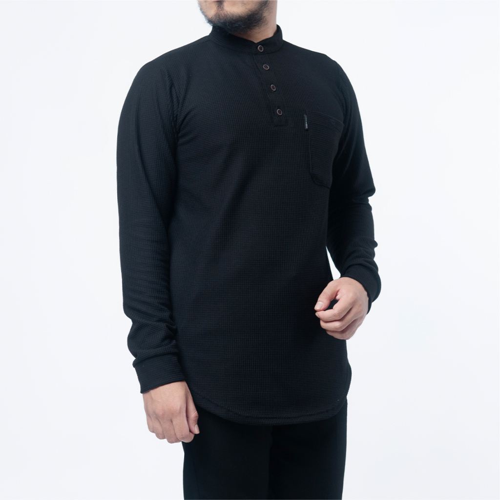 ZONKAS Kurta Zain Dewasa | Kemko Kasual Pria Dewasa | Kemeja Koko Polos Tangan Panjang | Black