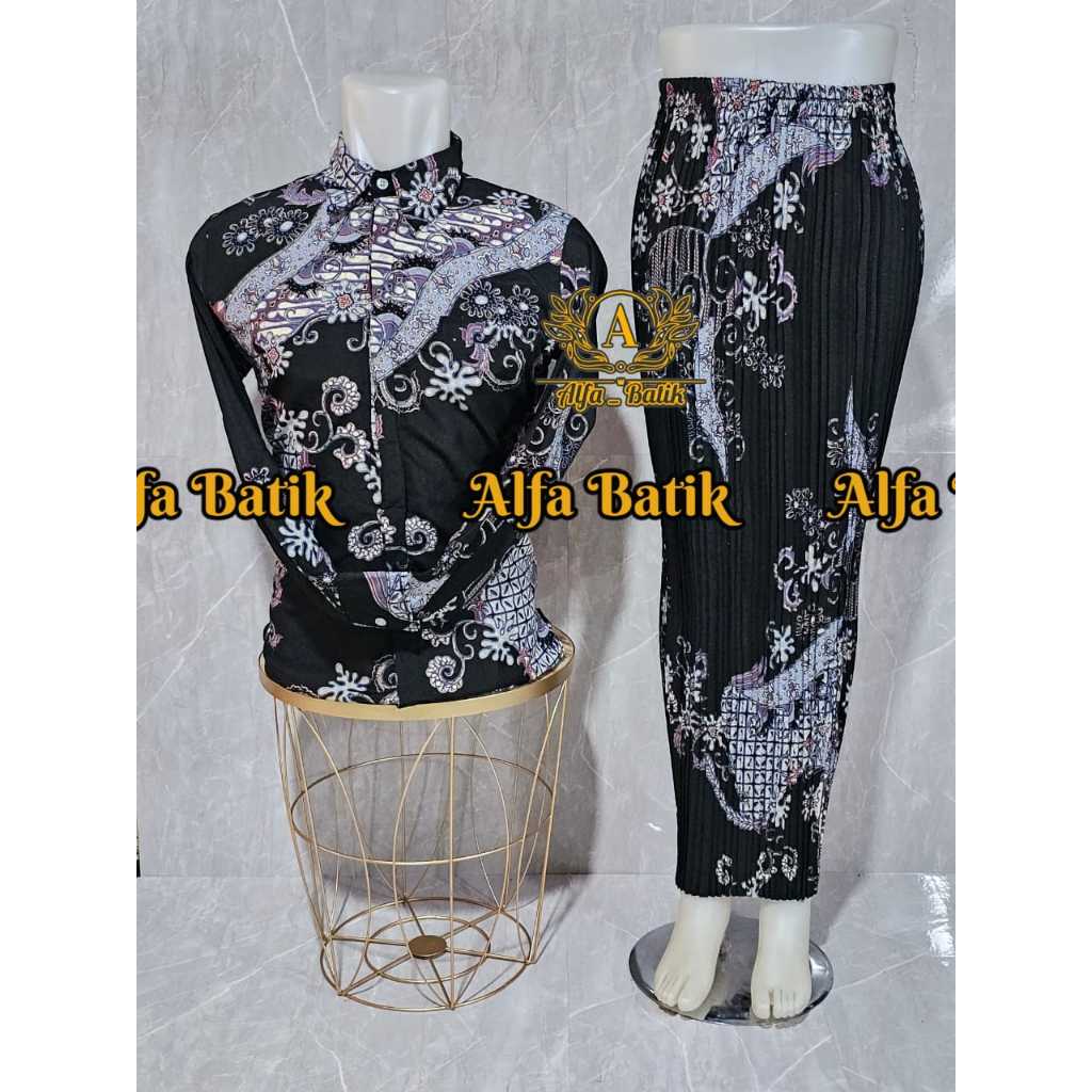 BATIK COUPLE PASANGAN / BATIK COUPLE MODERN / ROK PLISKET COUPLE BATIK / ROK SET KEMEJA LENGAN PANJA